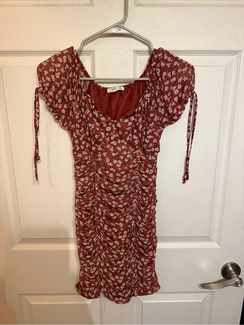 Ultra Flirt Rust Red Floral Ruched Mini Dress